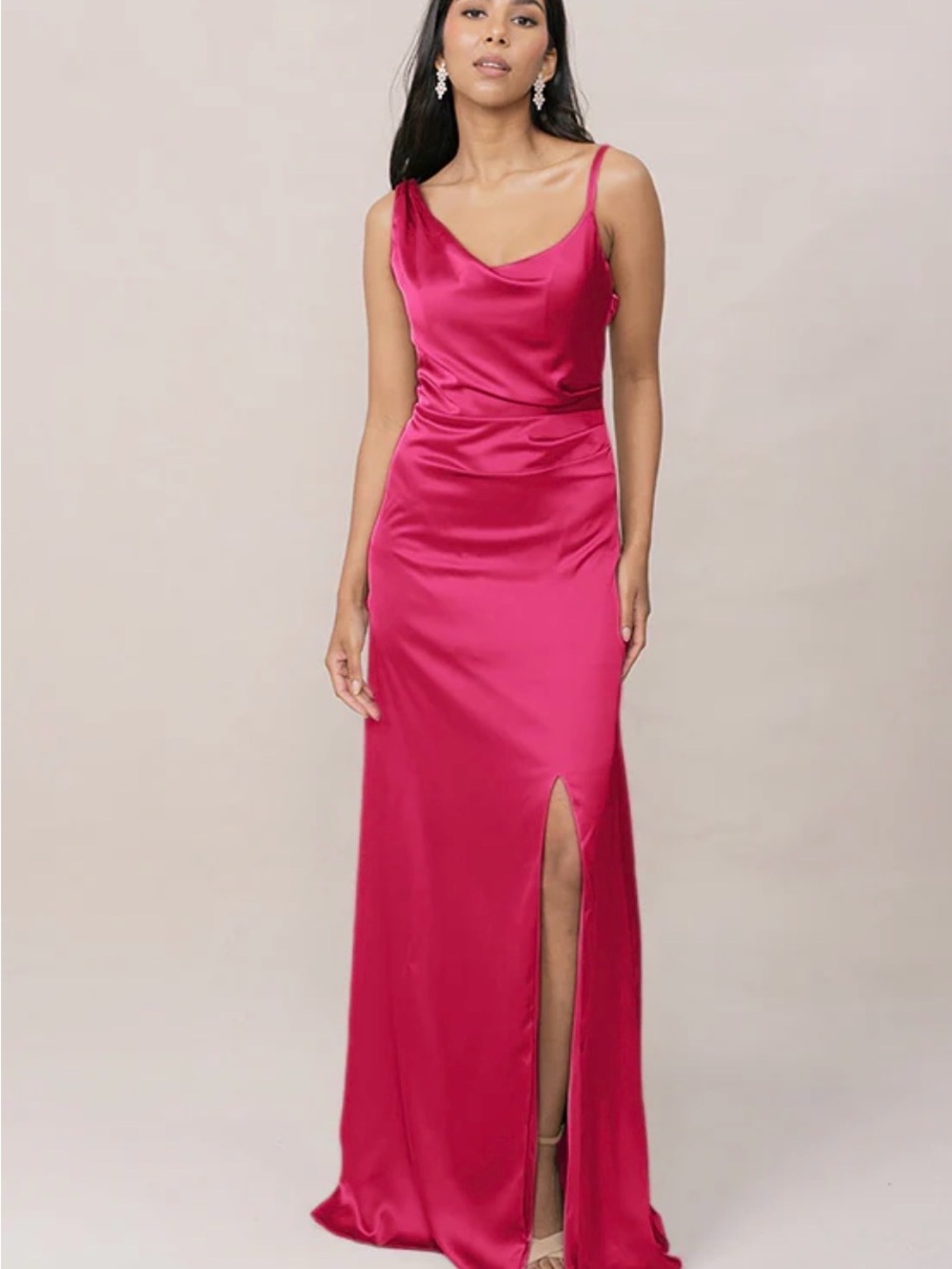 Satin One-Shoulder Hot Pink Evening Gown